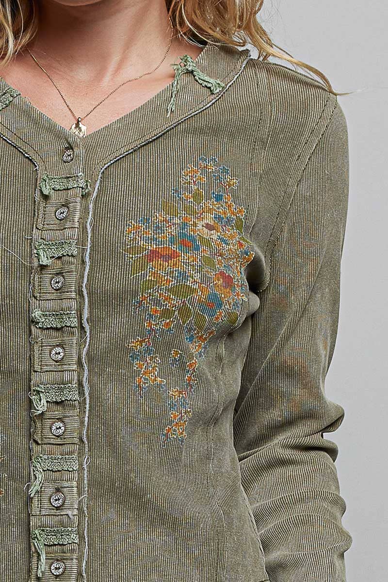 Vintage Washed Embroidered Henley by POL