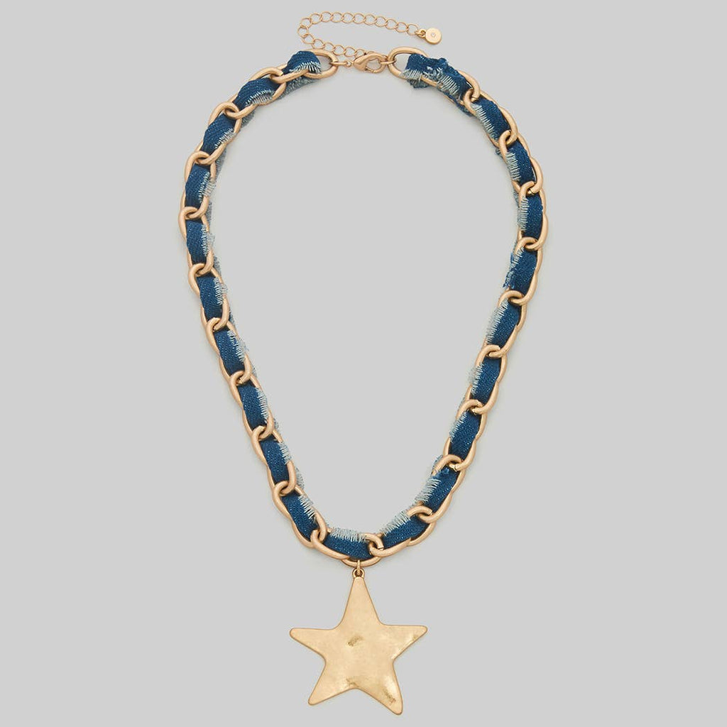 HAMMERED STAR PENDANT DENIM FABRIC NECKLACE