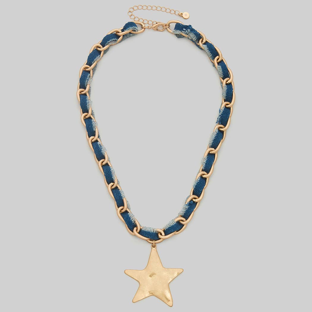HAMMERED STAR PENDANT DENIM FABRIC NECKLACE